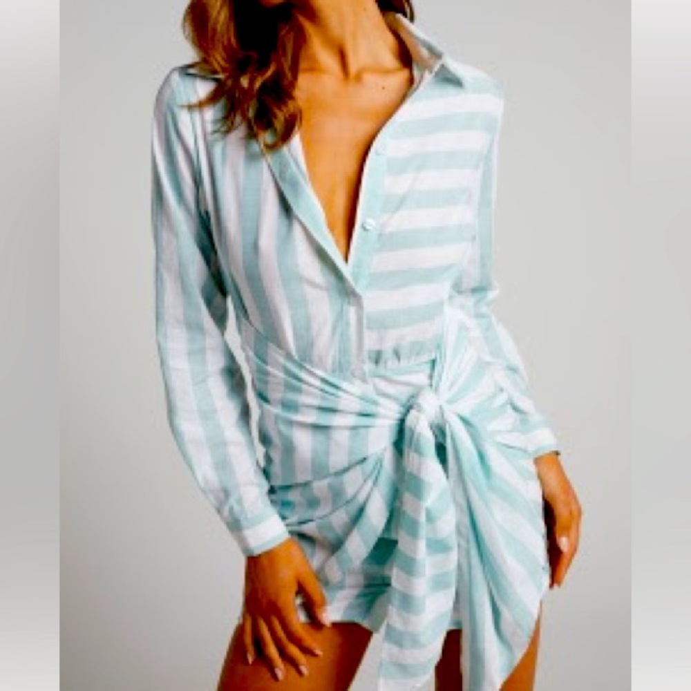 SAHLE MINI DRESS - STRIPED WRAP FRONT SHIRT DRESS IN MINT - showpo - Small - NWT